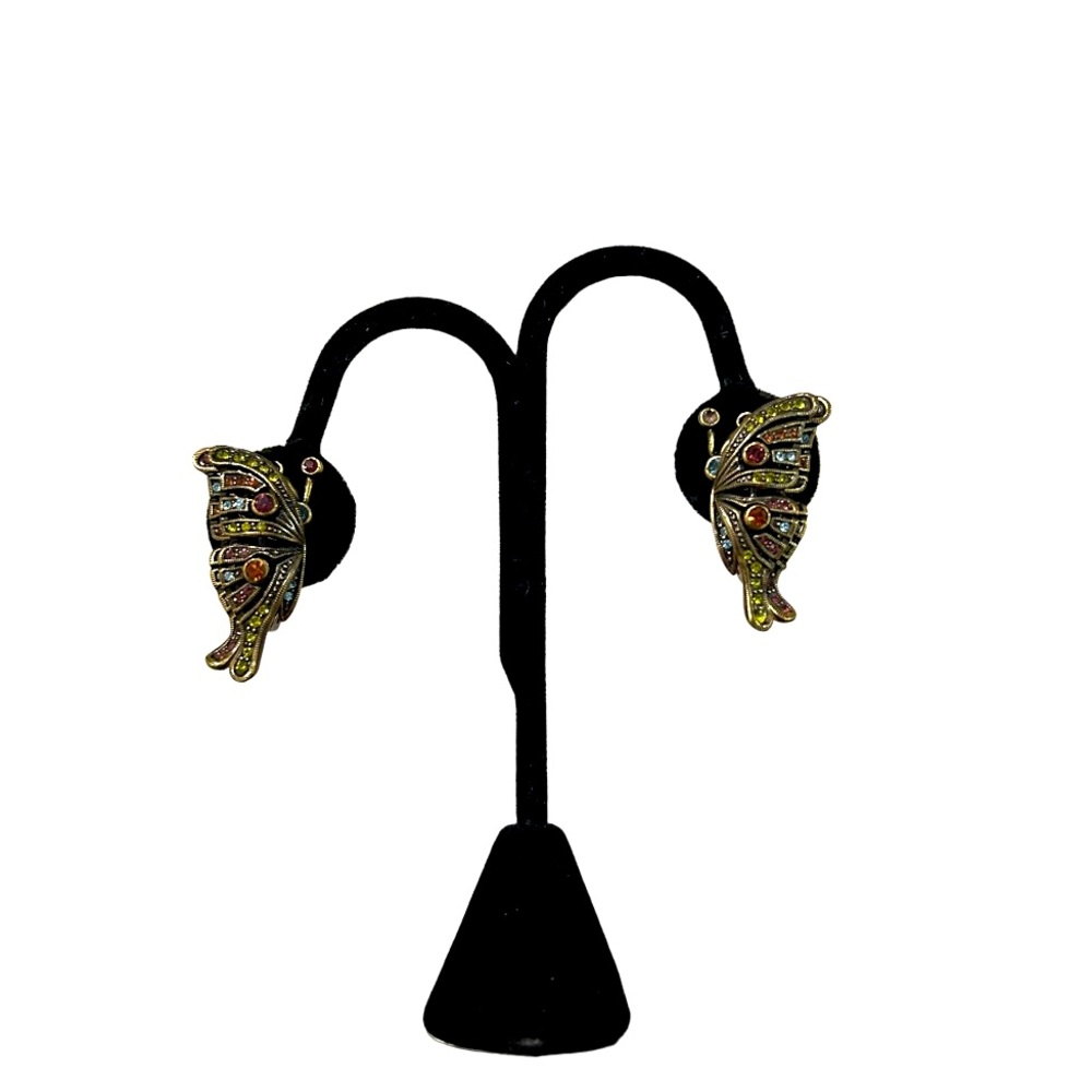 Vintage Heidi Daus madame Butterfly rainbow rhinestone crystal clip on earrings